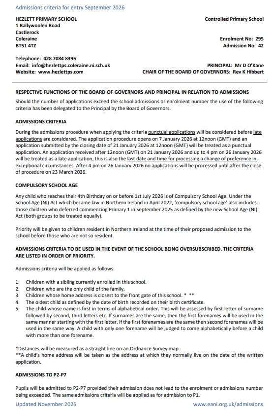 Admissions Criteria - September 2026